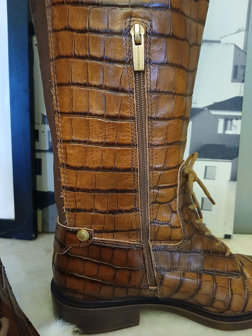 Vince Camuto Tall Brown Croc-Embossed Lace-Up  Riding Boots 
